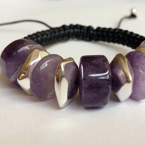 Silver Amethyst Stone Rope Bracelet Purple 6-9" - Picture 4 of 11